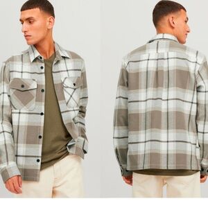 Jack & Jones Roy Check Plaid Overshirt LS Brindle tan brown cream Sz M